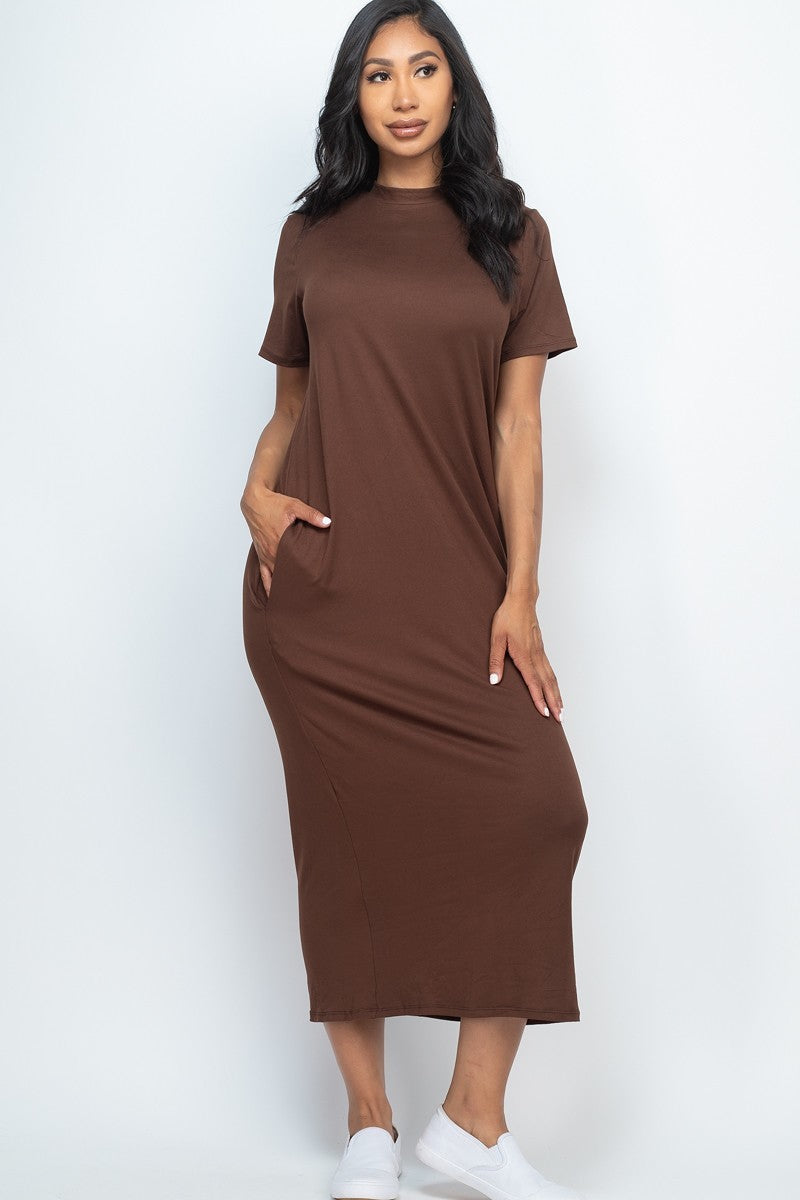 Women's Short Sleeve T Shirt Side Pocket Soft Stretchy Tee Maxi Dress - Coffee