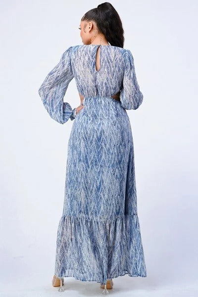 Women's V Neck Printed Maxi Dress Self Belted Long Sleeve Side Cut Out Ruffled