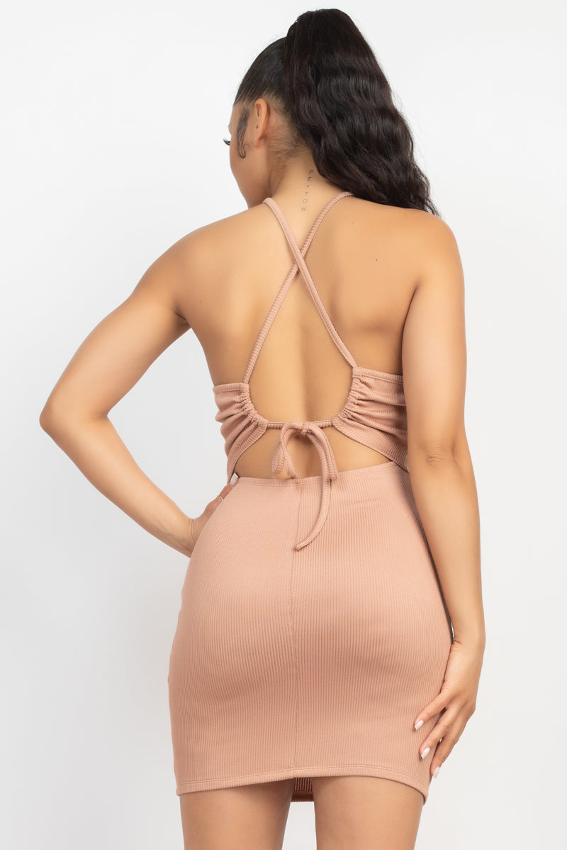 Women's Halter Neck Ribbed Seamless Cut-out Bodycon Dress (Tan)