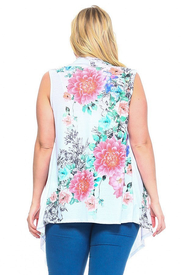 Women Plus Floral Long Open Front Vest Tunic Sleeveless Cardigan Top (1X,2X,3X)