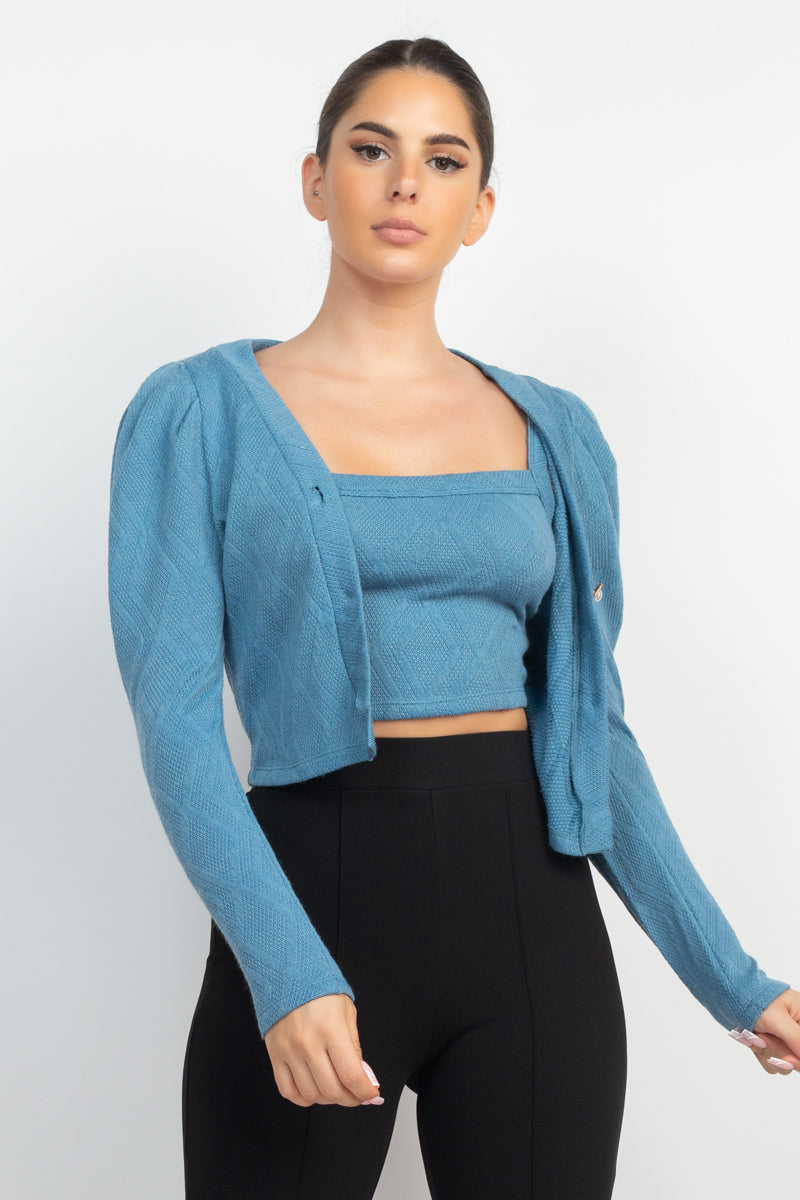 Womens Cami Puff Sleeves Inner Top with Cardigan Set Scoop Neck Ribbed Button