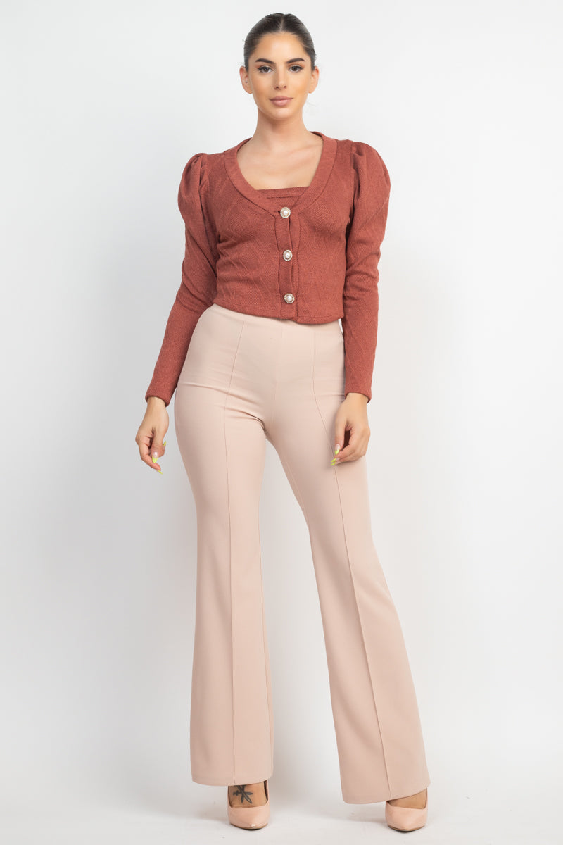 Womens Cami Puff Sleeves Inner Top with Cardigan Set Scoop Neck Ribbed Button