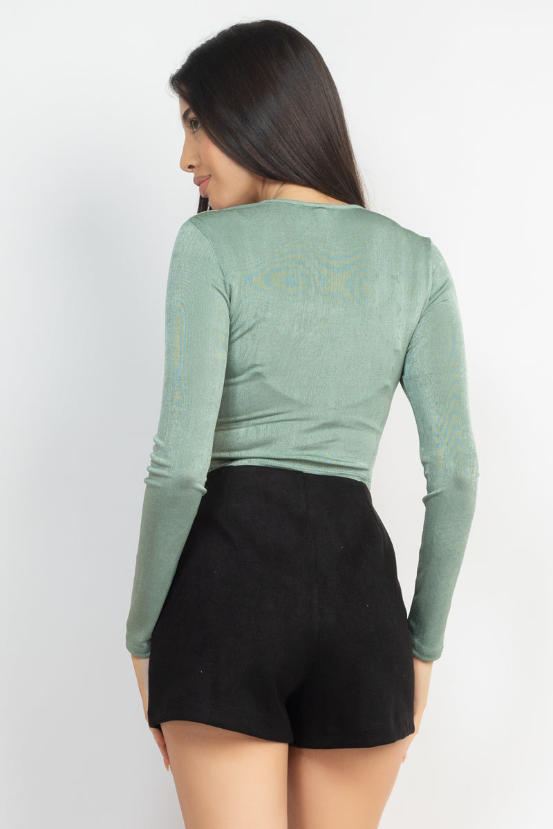 Women's Square Neck Twisted Velvety Top Cropped Tee Long Sleeve Soft T Shirt