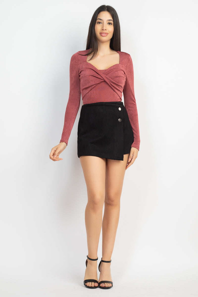 Women's Square Neck Twisted Velvety Top Cropped Tee Long Sleeve Soft T Shirt