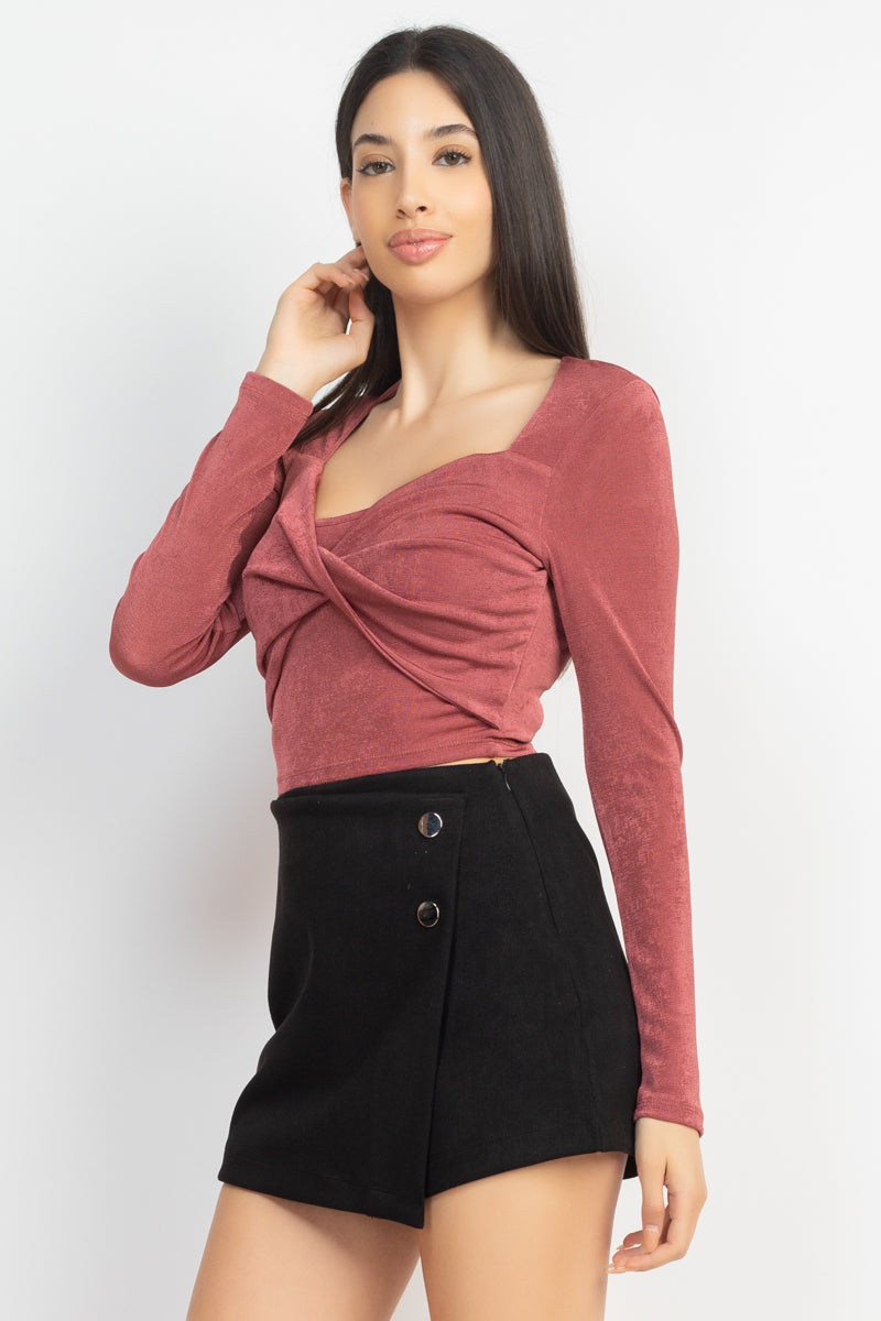 Women's Square Neck Twisted Velvety Top Cropped Tee Long Sleeve Soft T Shirt