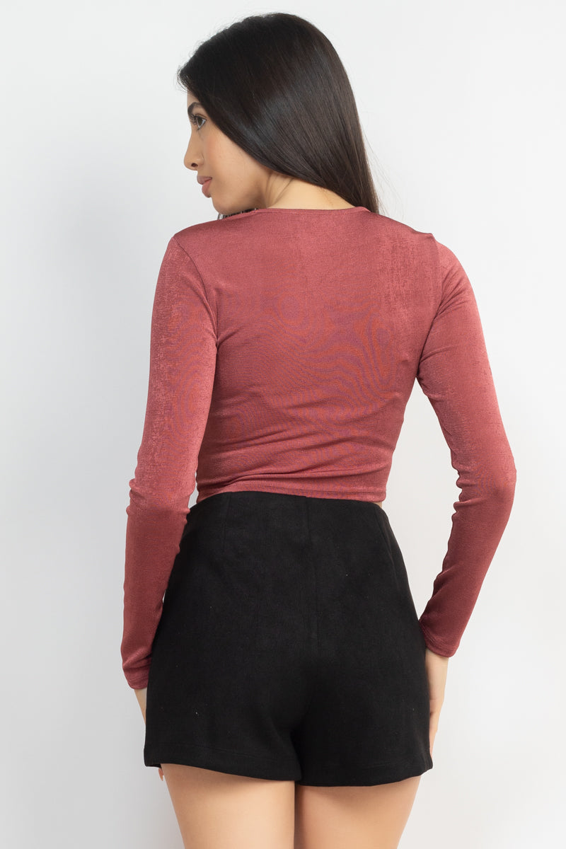 Women's Square Neck Twisted Velvety Top Cropped Tee Long Sleeve Soft T Shirt