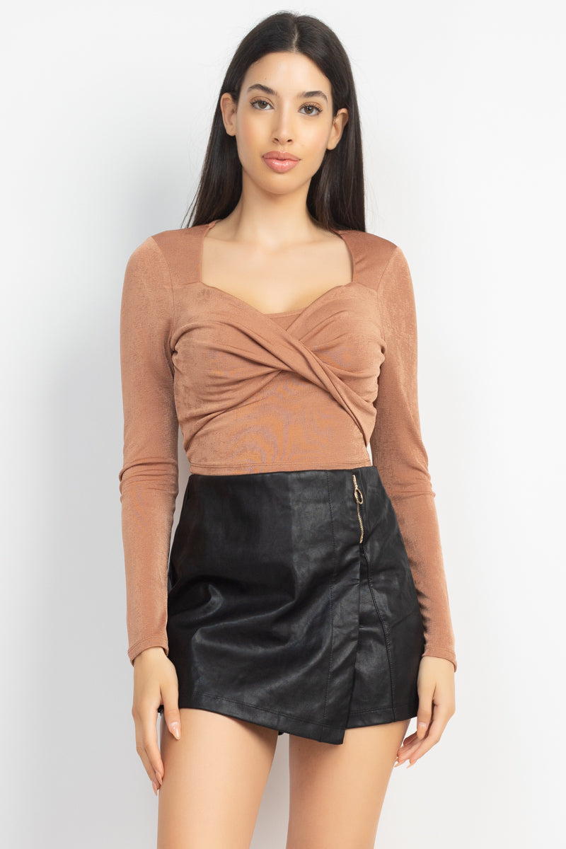 Women's Square Neck Twisted Velvety Top Cropped Tee Long Sleeve Soft T Shirt