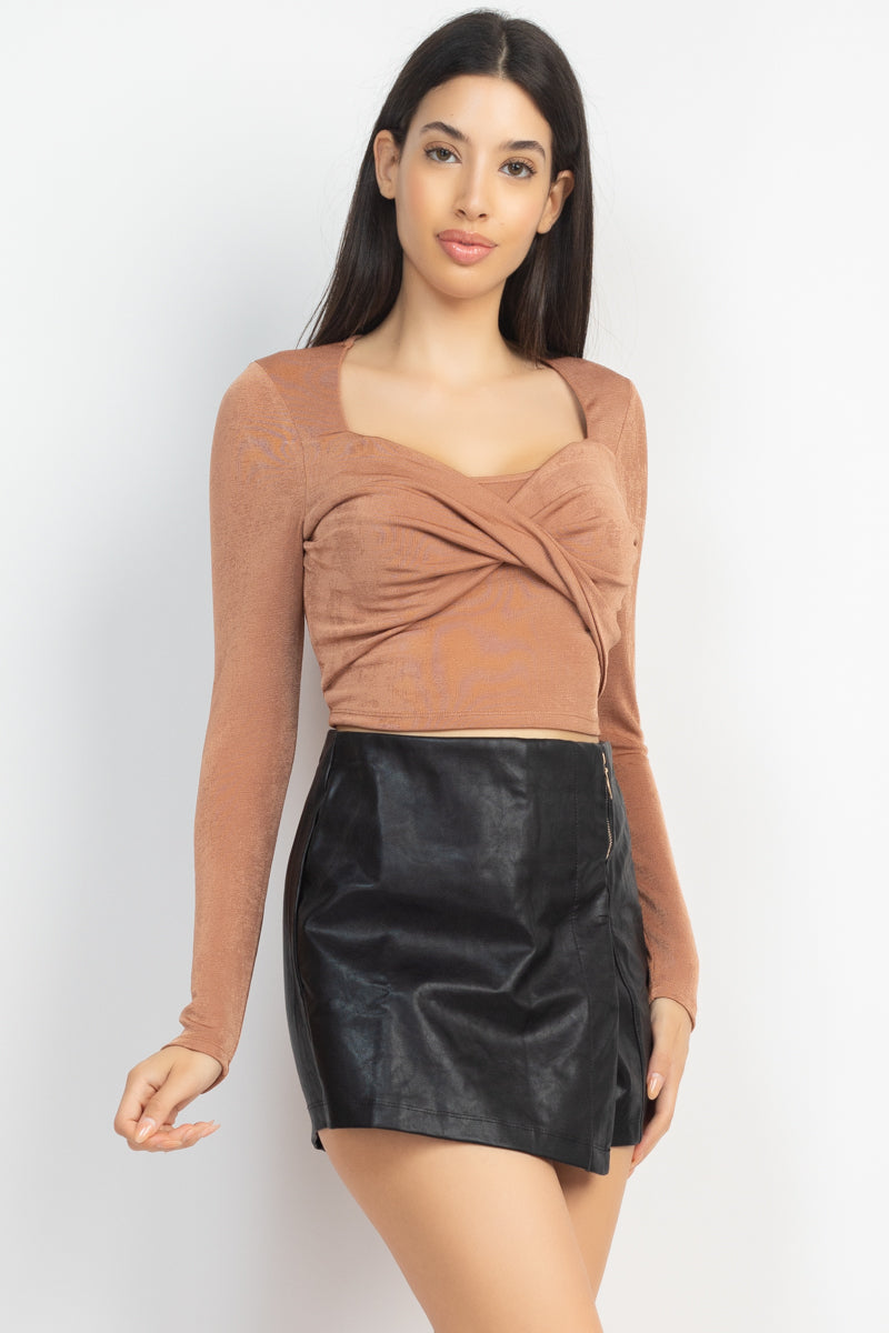 Women's Square Neck Twisted Velvety Top Cropped Tee Long Sleeve Soft T Shirt