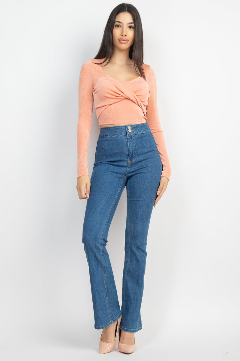 Women's Square Neck Twisted Velvety Top Cropped Tee Long Sleeve Soft T Shirt