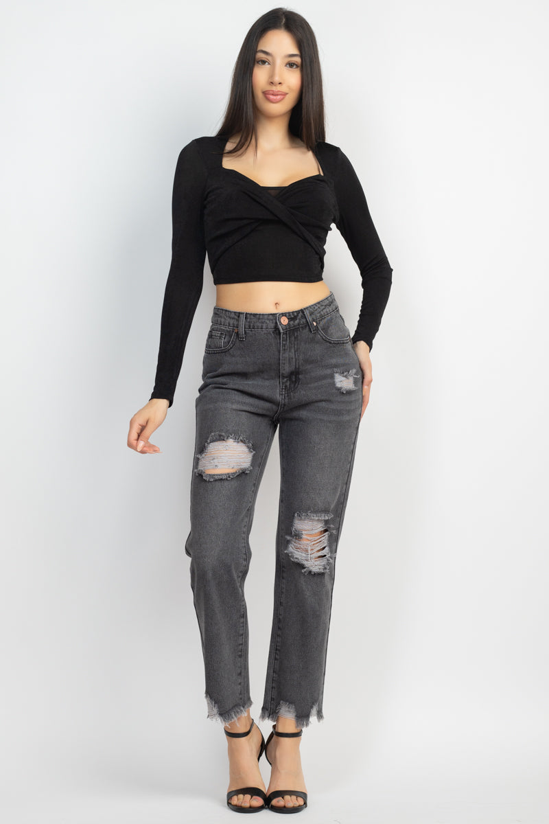 Women's Square Neck Twisted Velvety Top Cropped Tee Long Sleeve Soft T Shirt