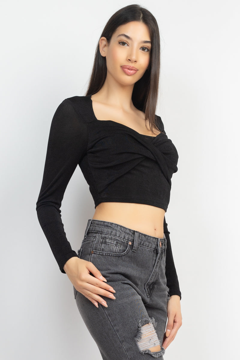 Women's Square Neck Twisted Velvety Top Cropped Tee Long Sleeve Soft T Shirt