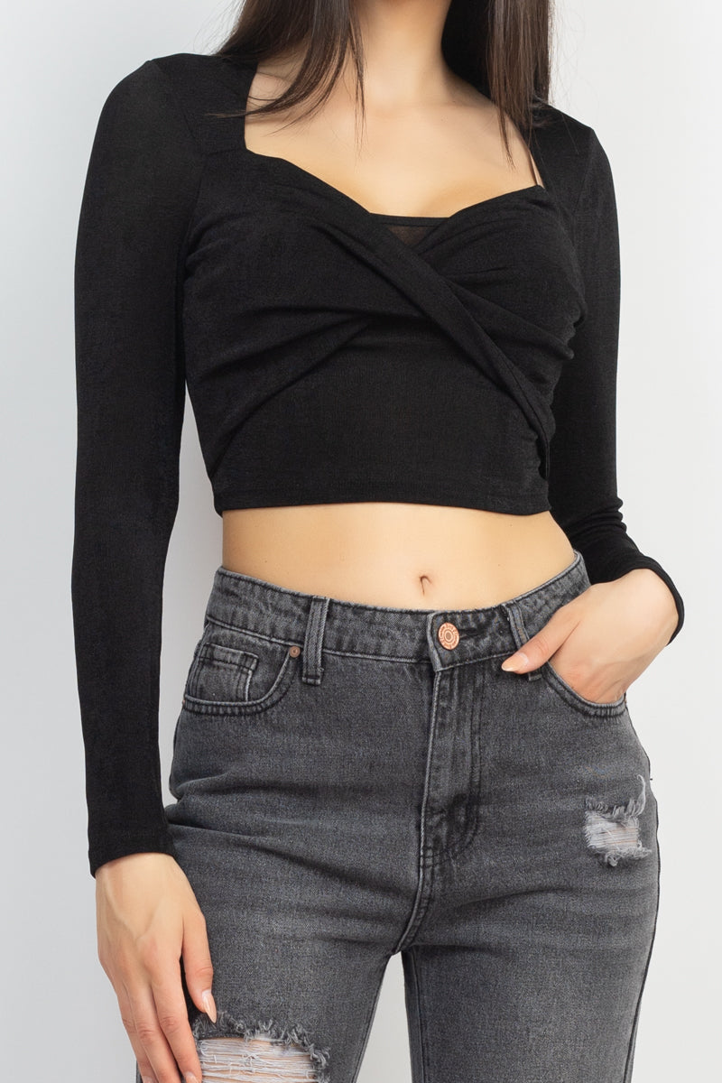 Women's Square Neck Twisted Velvety Top Cropped Tee Long Sleeve Soft T Shirt