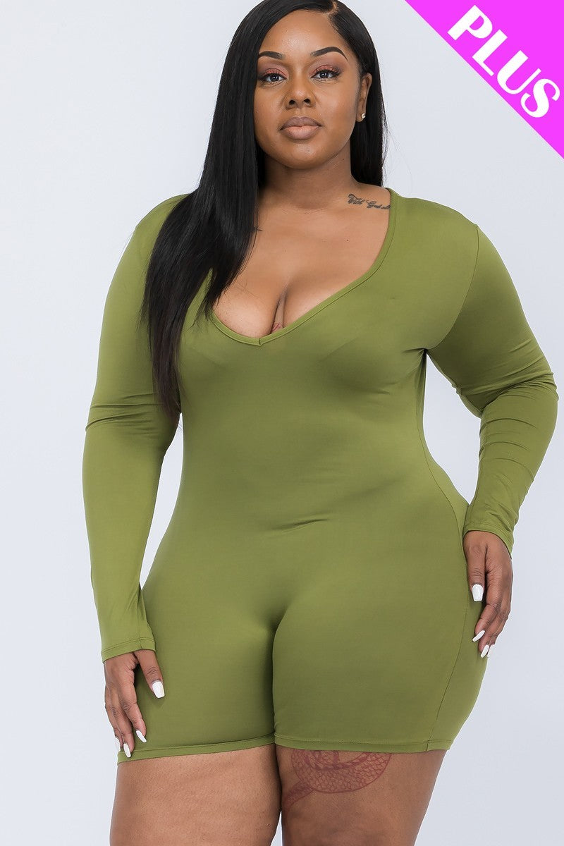 Womens Plus V-neck Long Sleeve Stretch Bodycon Romper (1XL.2XL.3XL)