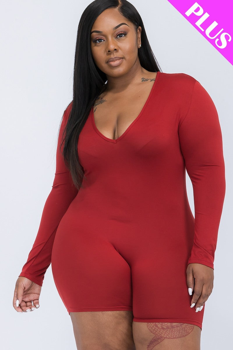 Womens Plus V-neck Long Sleeve Stretch Bodycon Romper (1XL.2XL.3XL)