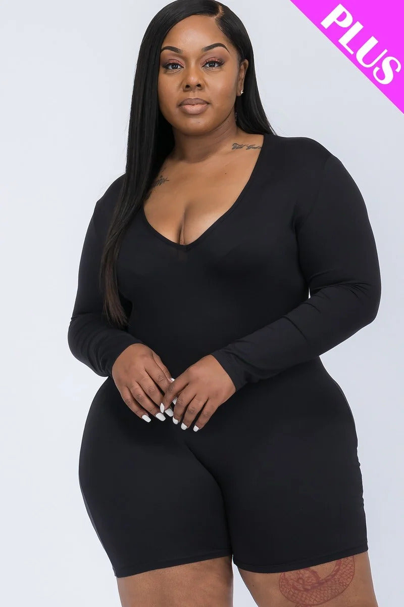 Womens Plus V-neck Long Sleeve Stretch Bodycon Romper (1XL.2XL.3XL)