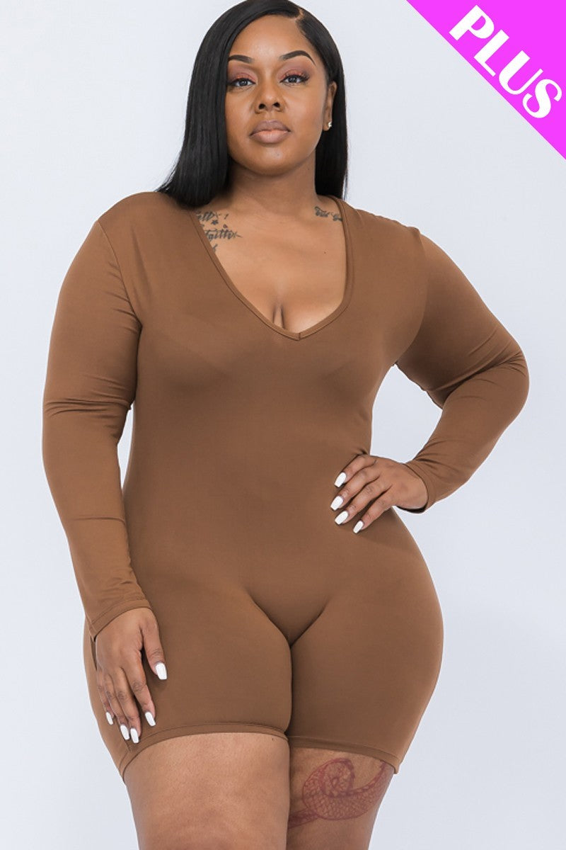 Womens Plus V-neck Long Sleeve Stretch Bodycon Romper (1XL.2XL.3XL)