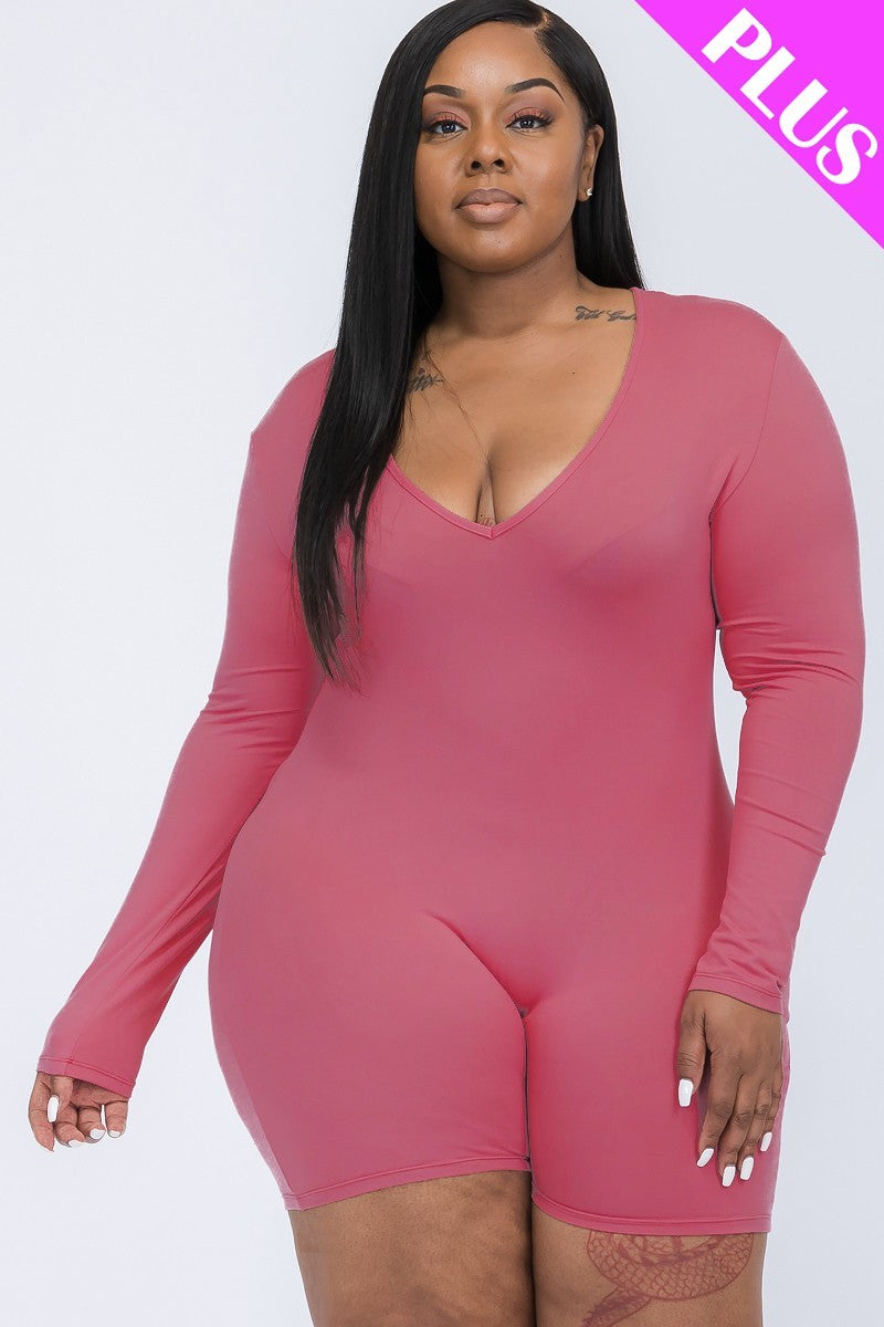 Womens Plus V-neck Long Sleeve Stretch Bodycon Romper (1XL.2XL.3XL)