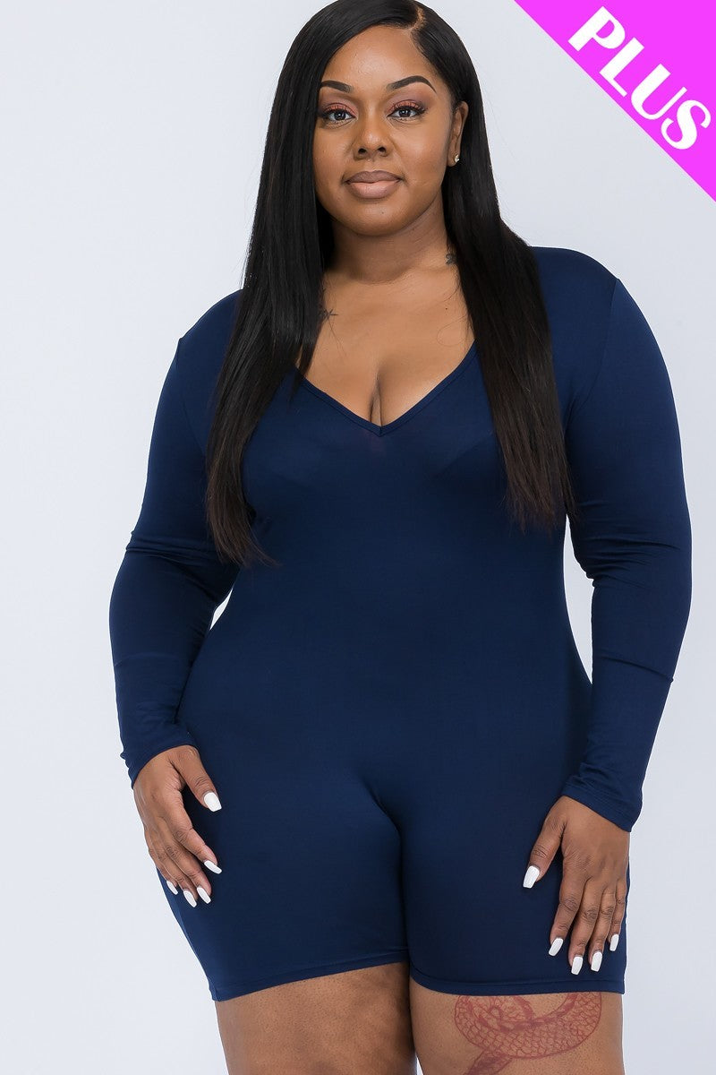 Womens Plus V-neck Long Sleeve Stretch Bodycon Romper (1XL.2XL.3XL)