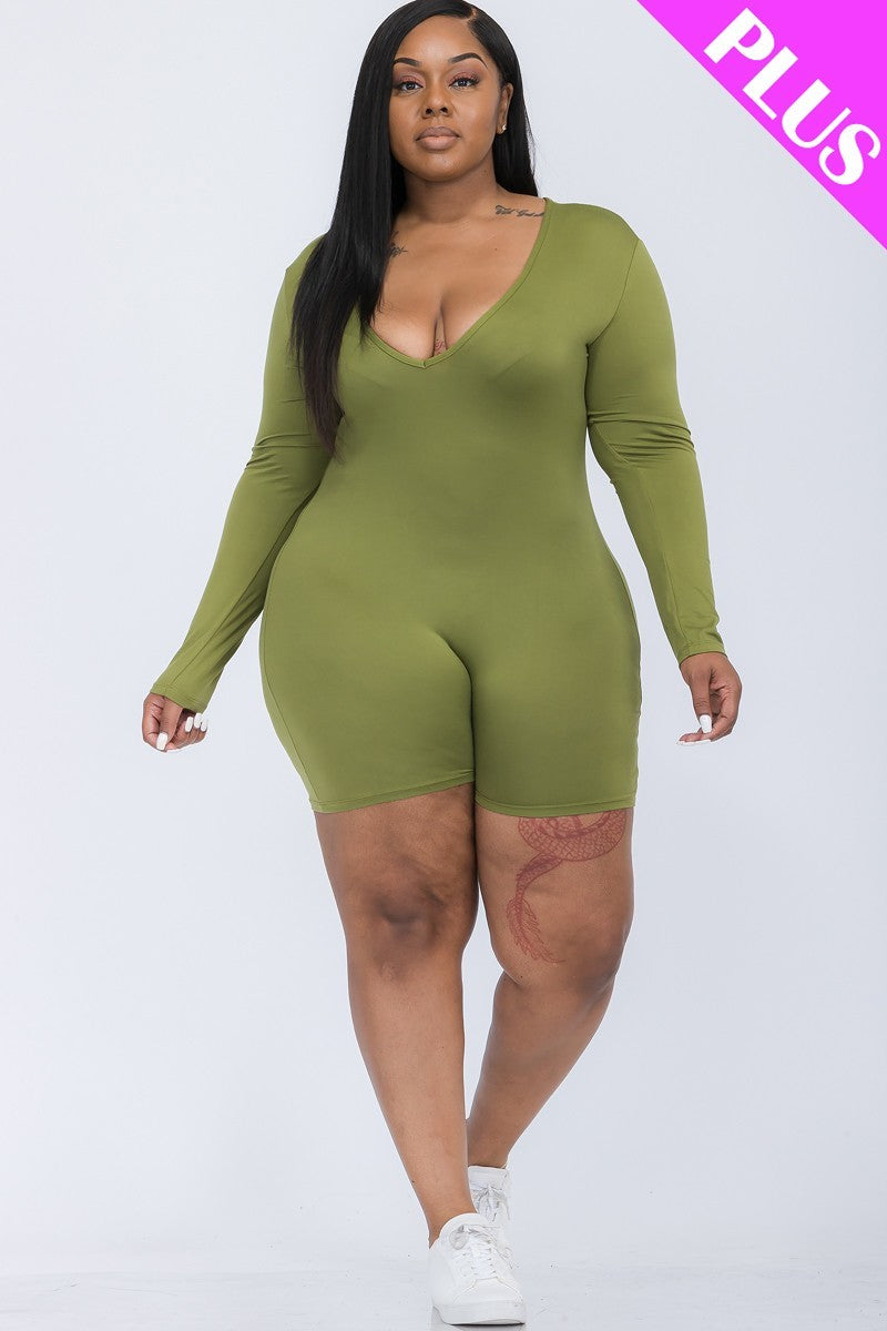 Womens Plus V-neck Long Sleeve Stretch Bodycon Romper (1XL.2XL.3XL)