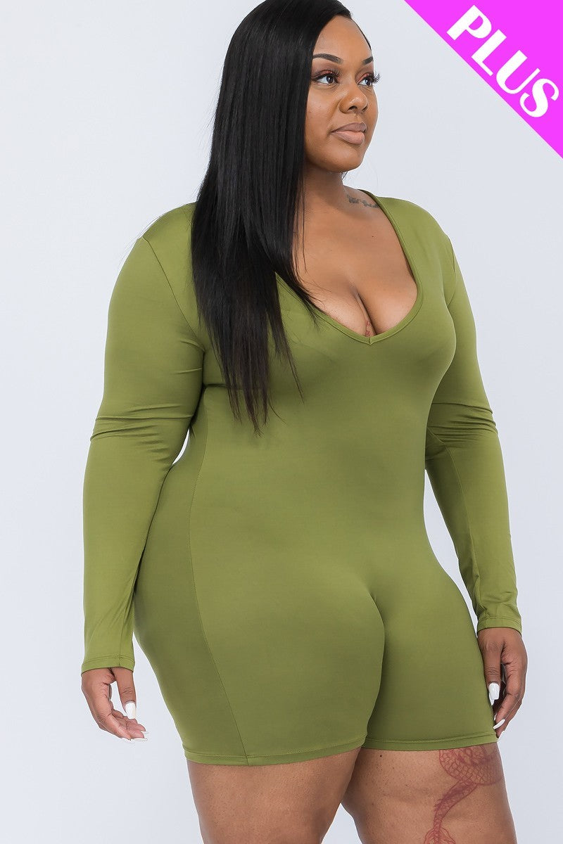 Womens Plus V-neck Long Sleeve Stretch Bodycon Romper (1XL.2XL.3XL)