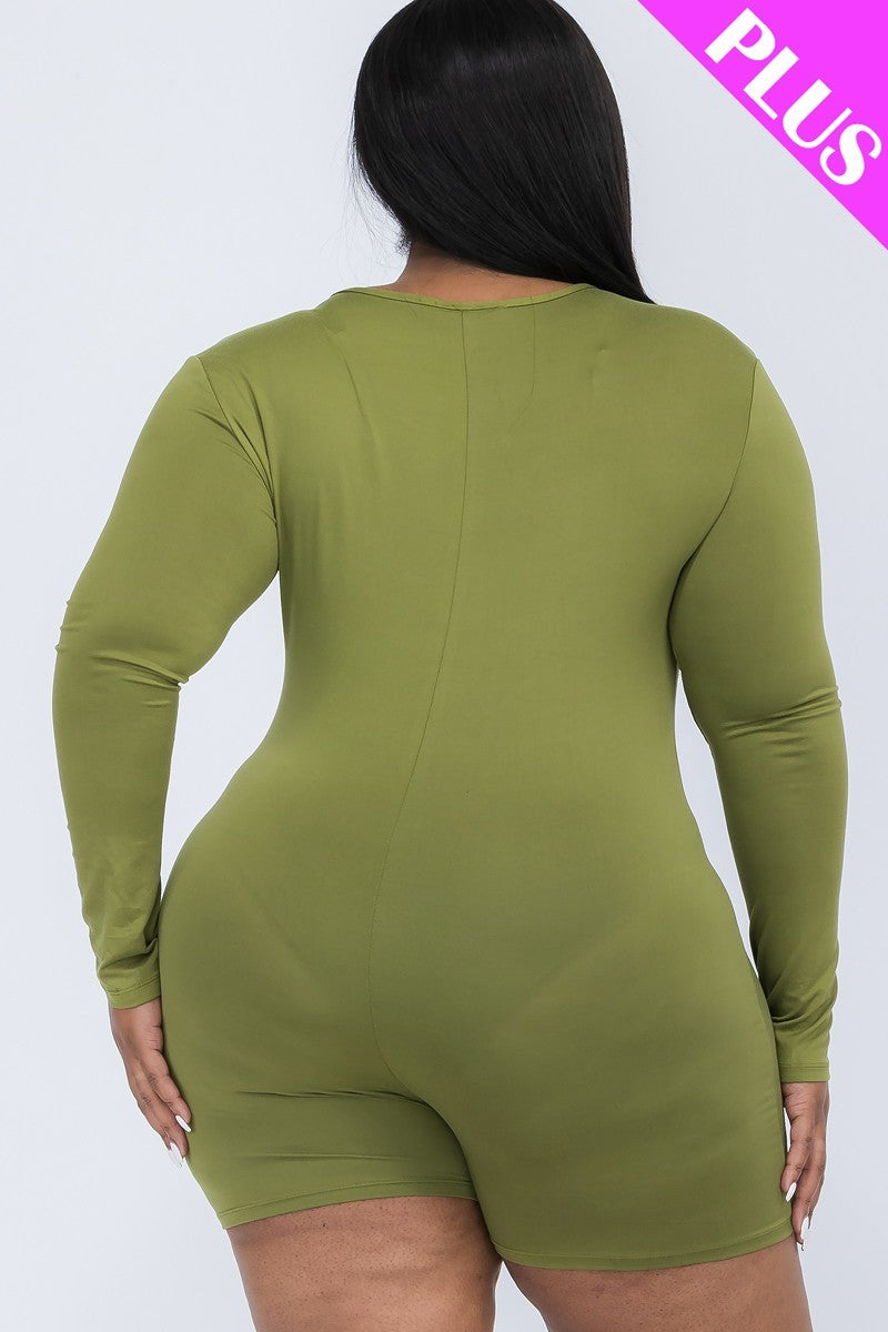 Womens Plus V-neck Long Sleeve Stretch Bodycon Romper (1XL.2XL.3XL)