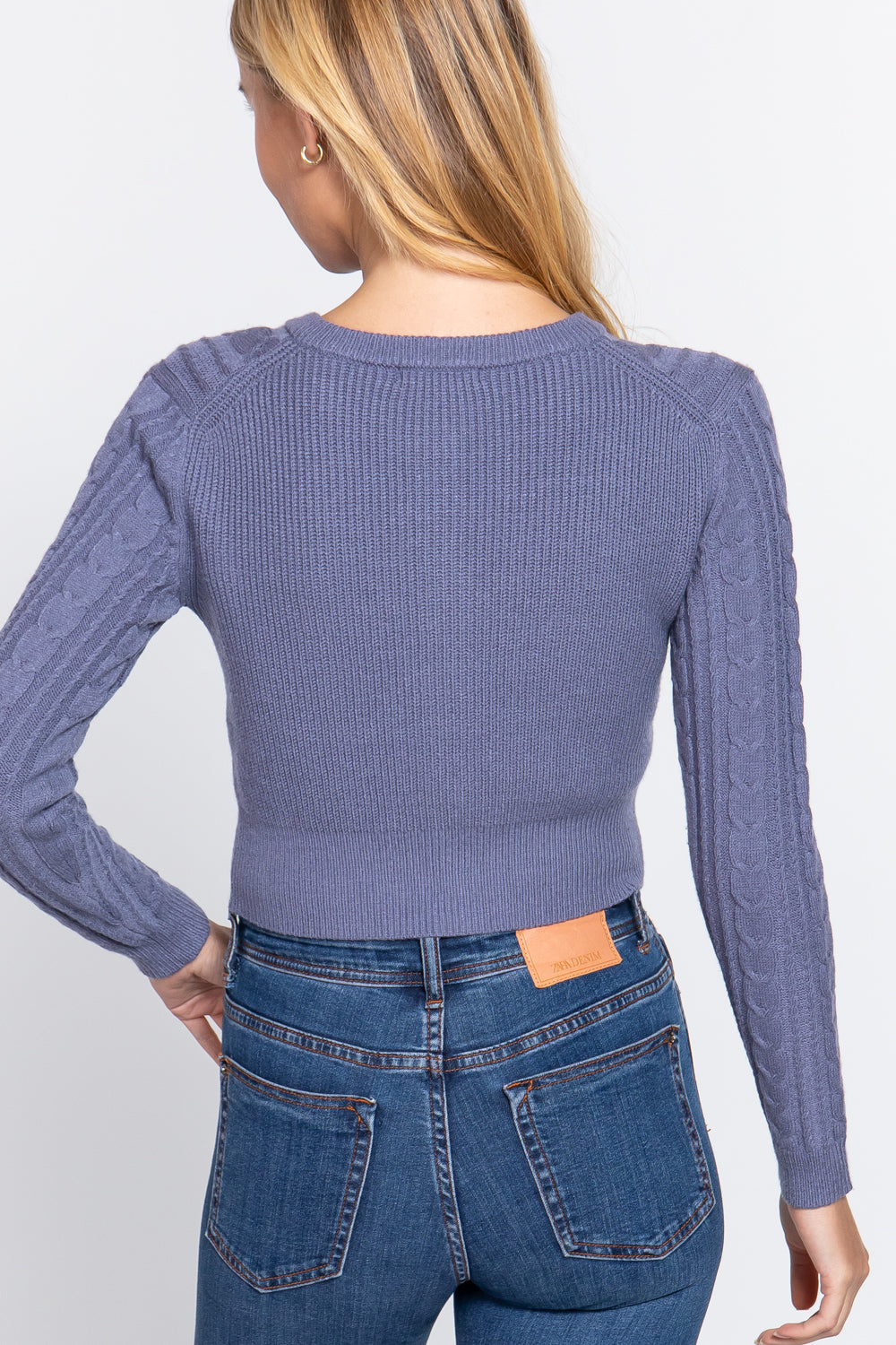 Women Crew Neck Cable Crop Sweater Long Sleeve Viscose Soft Knit Button Cardigan