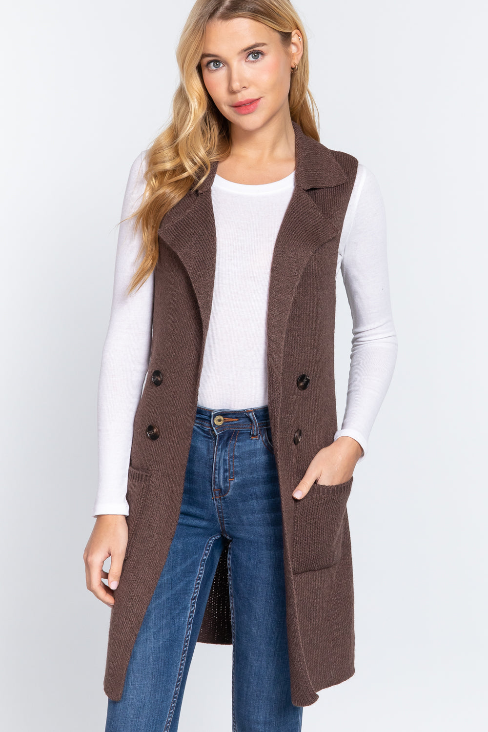 Women's Sleeveless Long Sweater Vest Notched Collar With Side Pocket