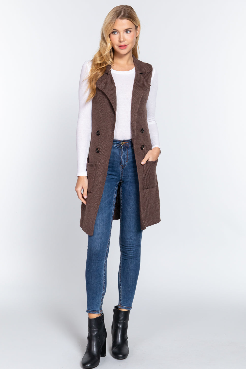 Women's Sleeveless Long Sweater Vest Notched Collar With Side Pocket