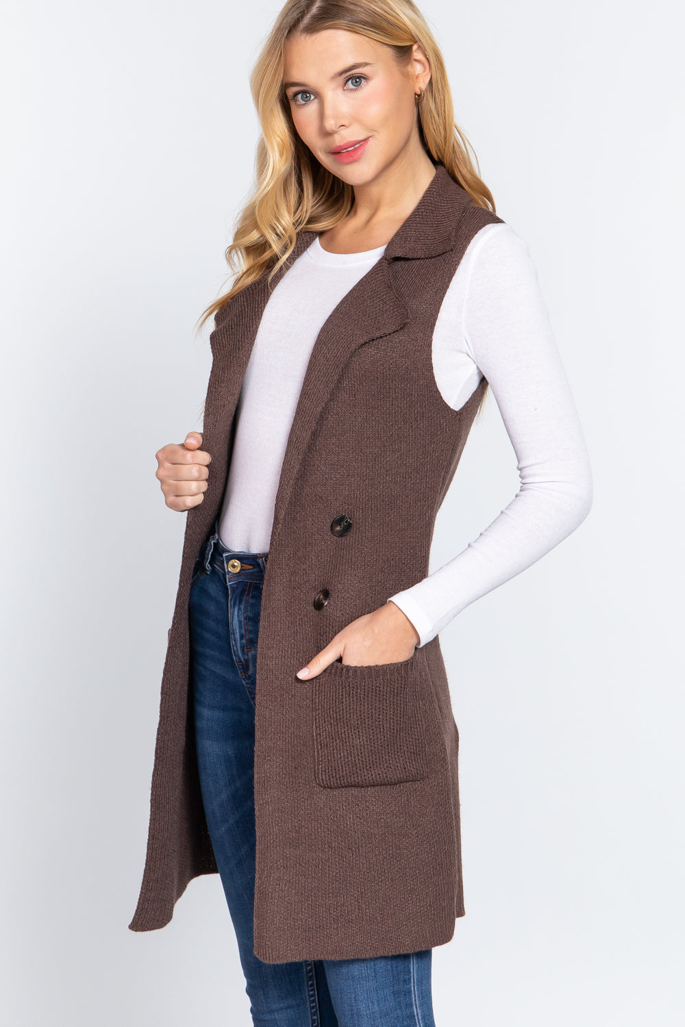 Women's Sleeveless Long Sweater Vest Notched Collar With Side Pocket