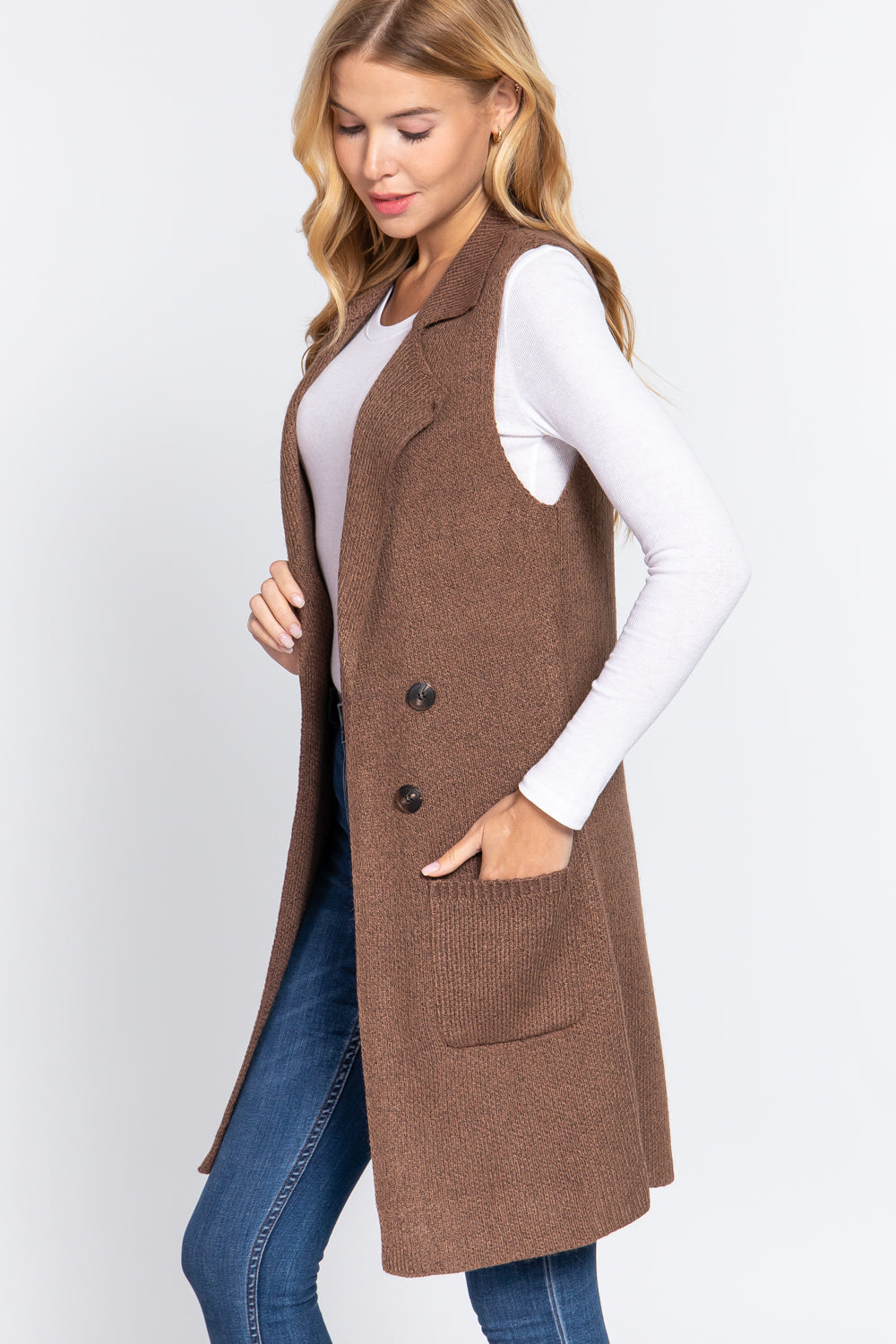 Women's Sleeveless Long Sweater Vest Notched Collar With Side Pocket
