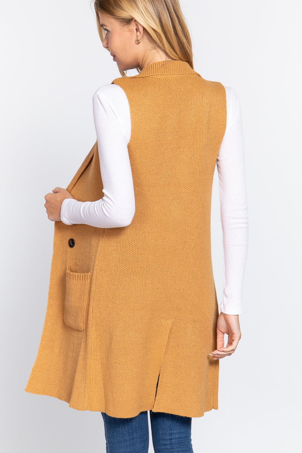 Women's Sleeveless Long Sweater Vest Notched Collar With Side Pocket