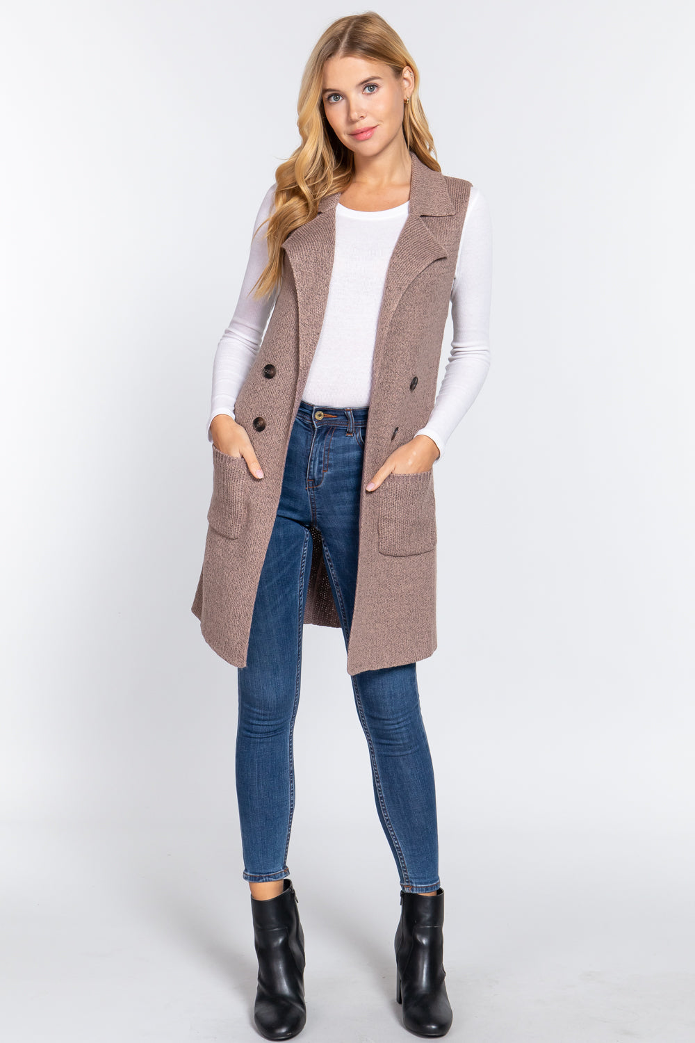 Women's Sleeveless Long Sweater Vest Notched Collar With Side Pocket