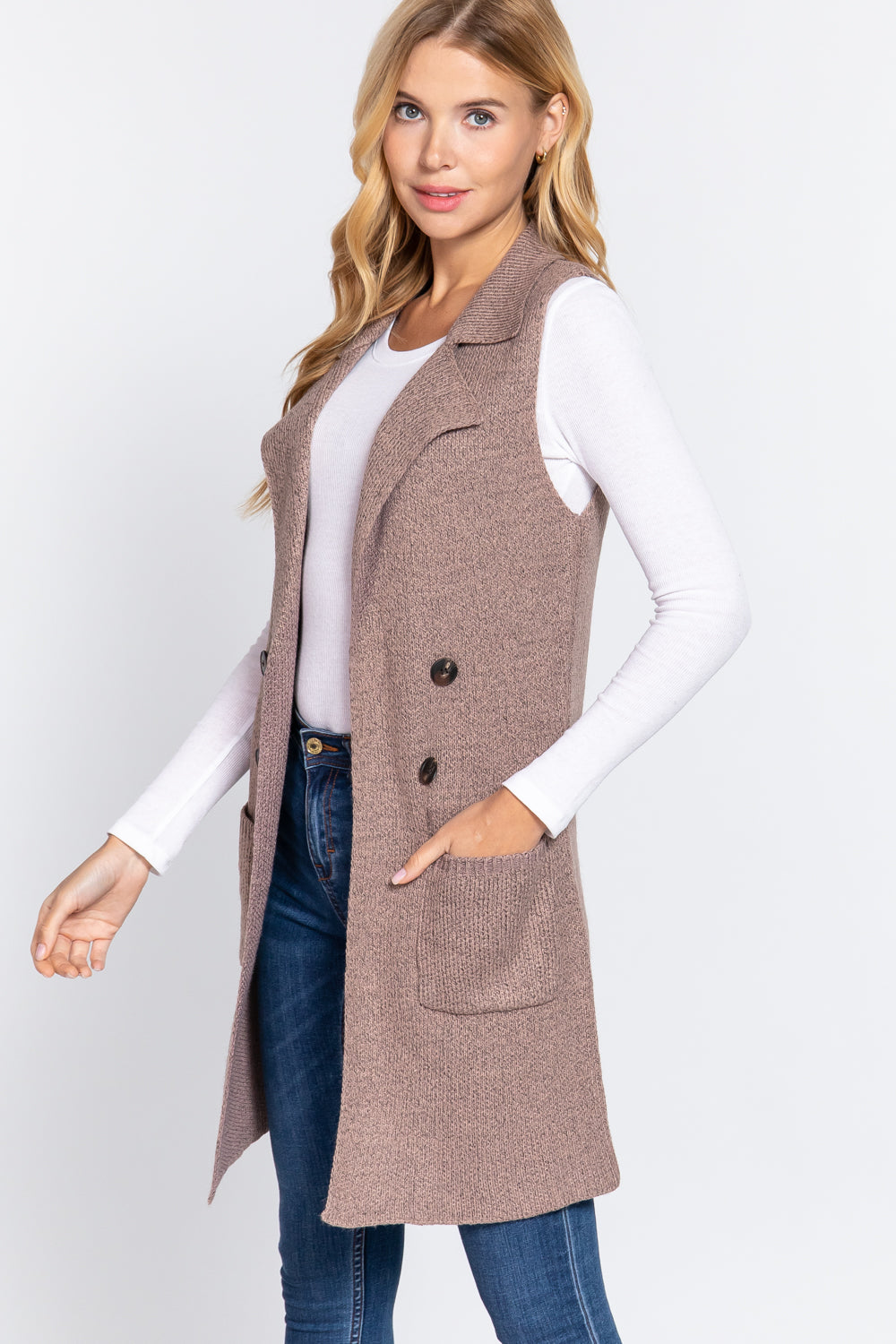 Women's Sleeveless Long Sweater Vest Notched Collar With Side Pocket