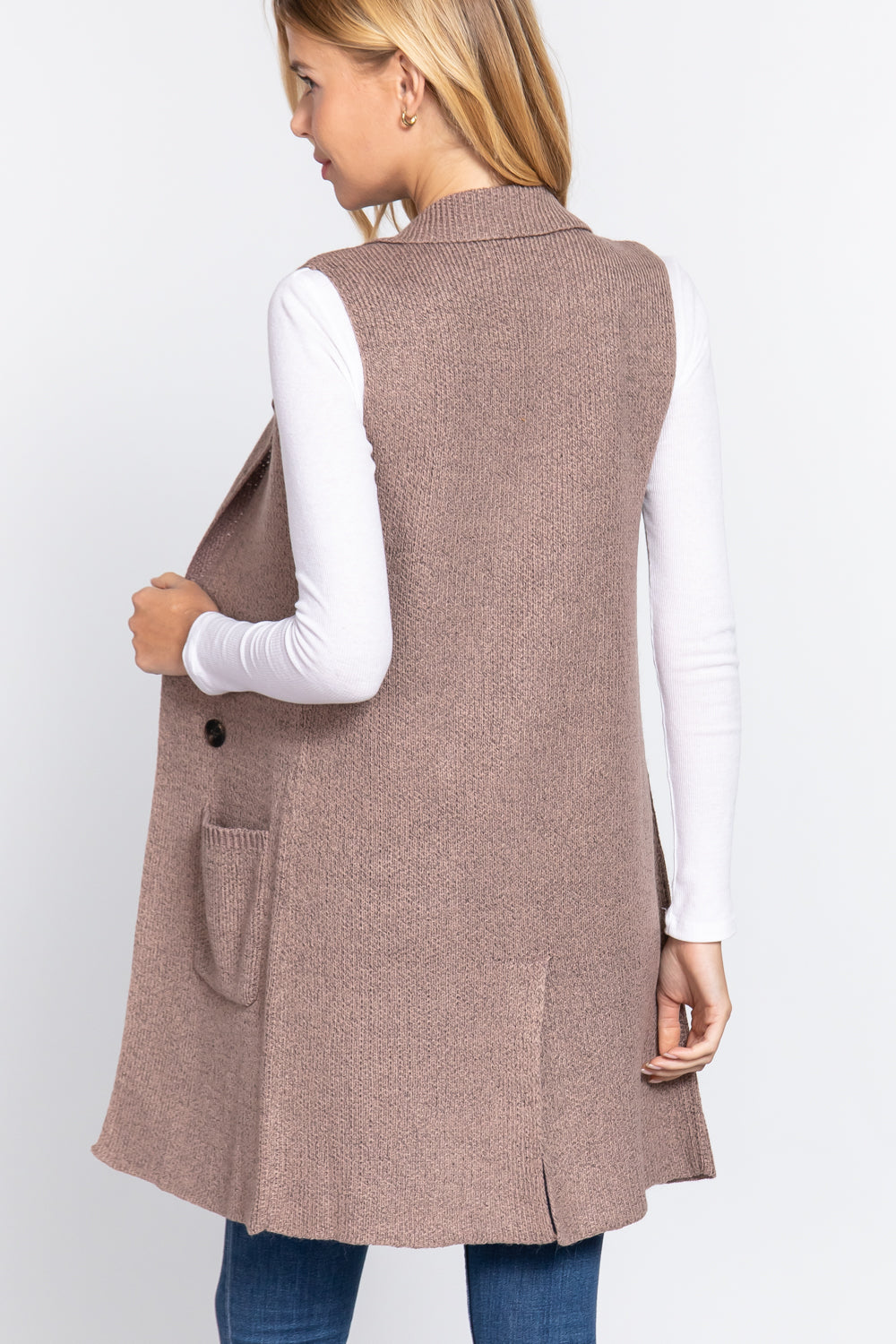 Women's Sleeveless Long Sweater Vest Notched Collar With Side Pocket