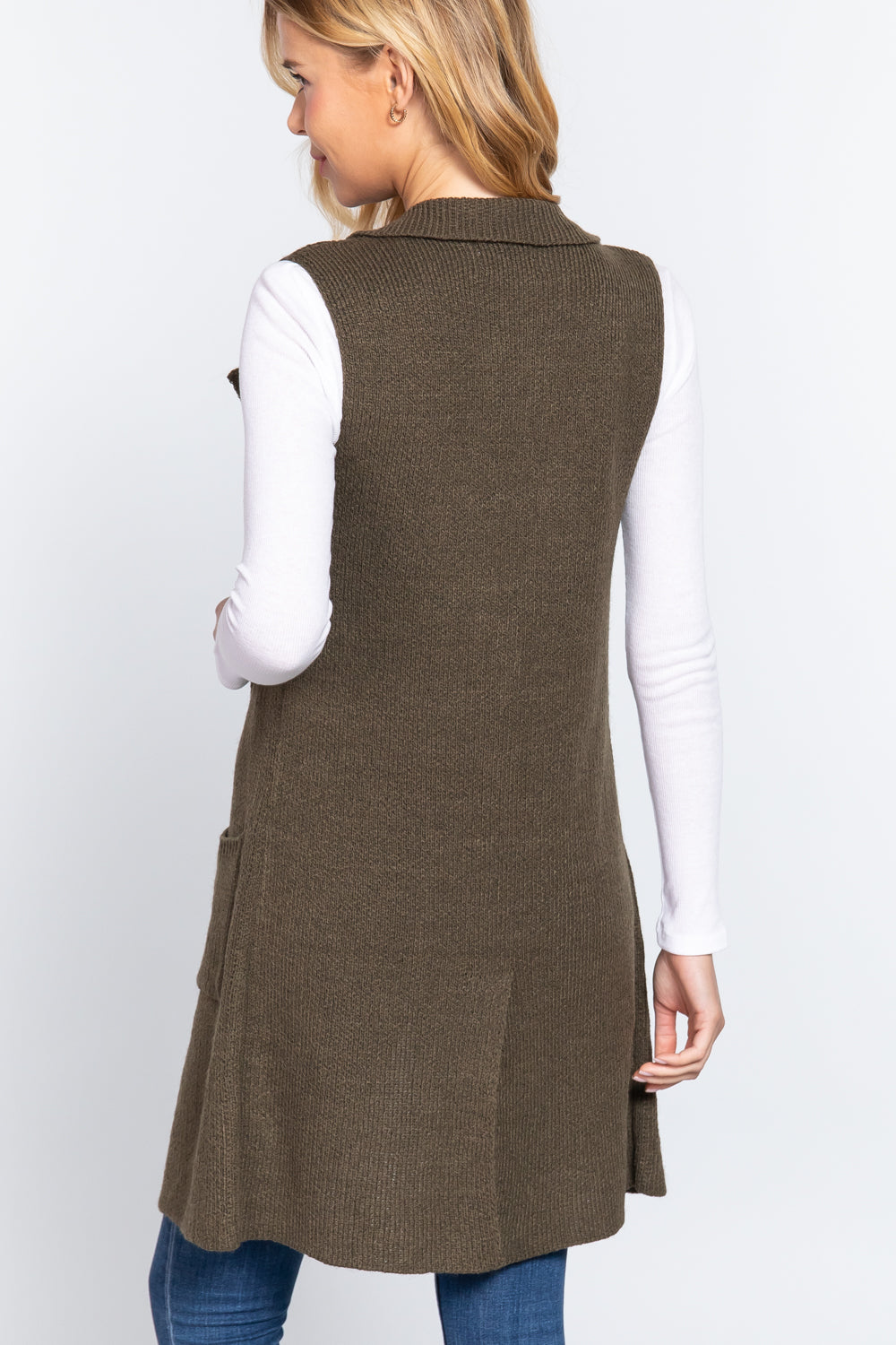 Women's Sleeveless Long Sweater Vest Notched Collar With Side Pocket