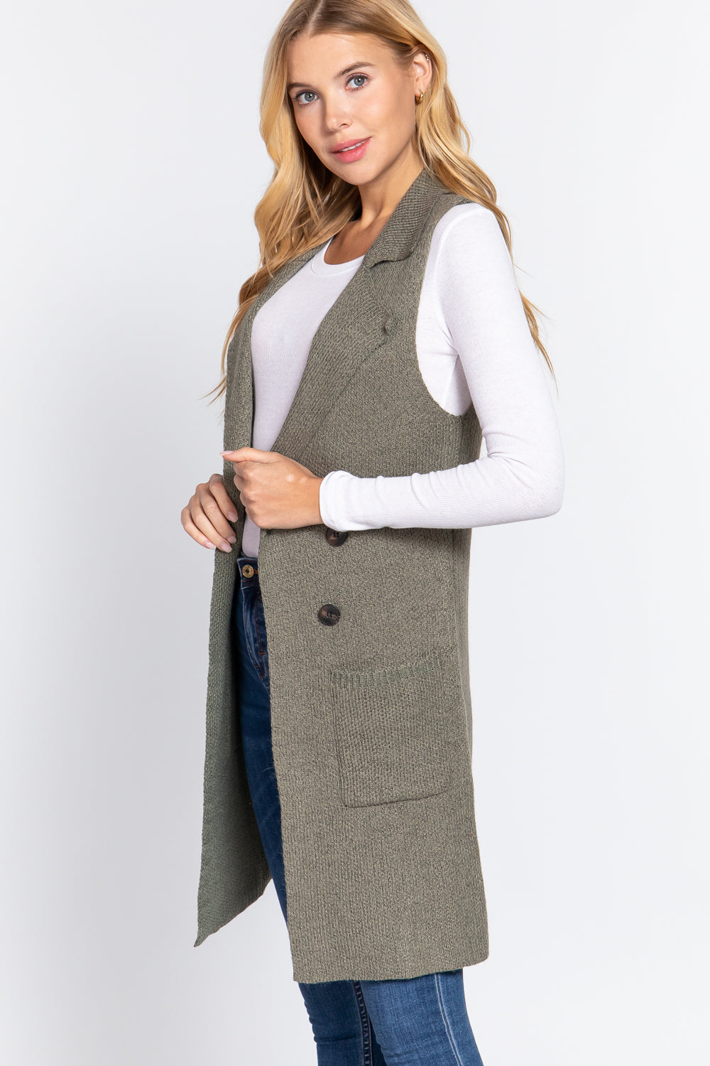 Women's Sleeveless Long Sweater Vest Notched Collar With Side Pocket