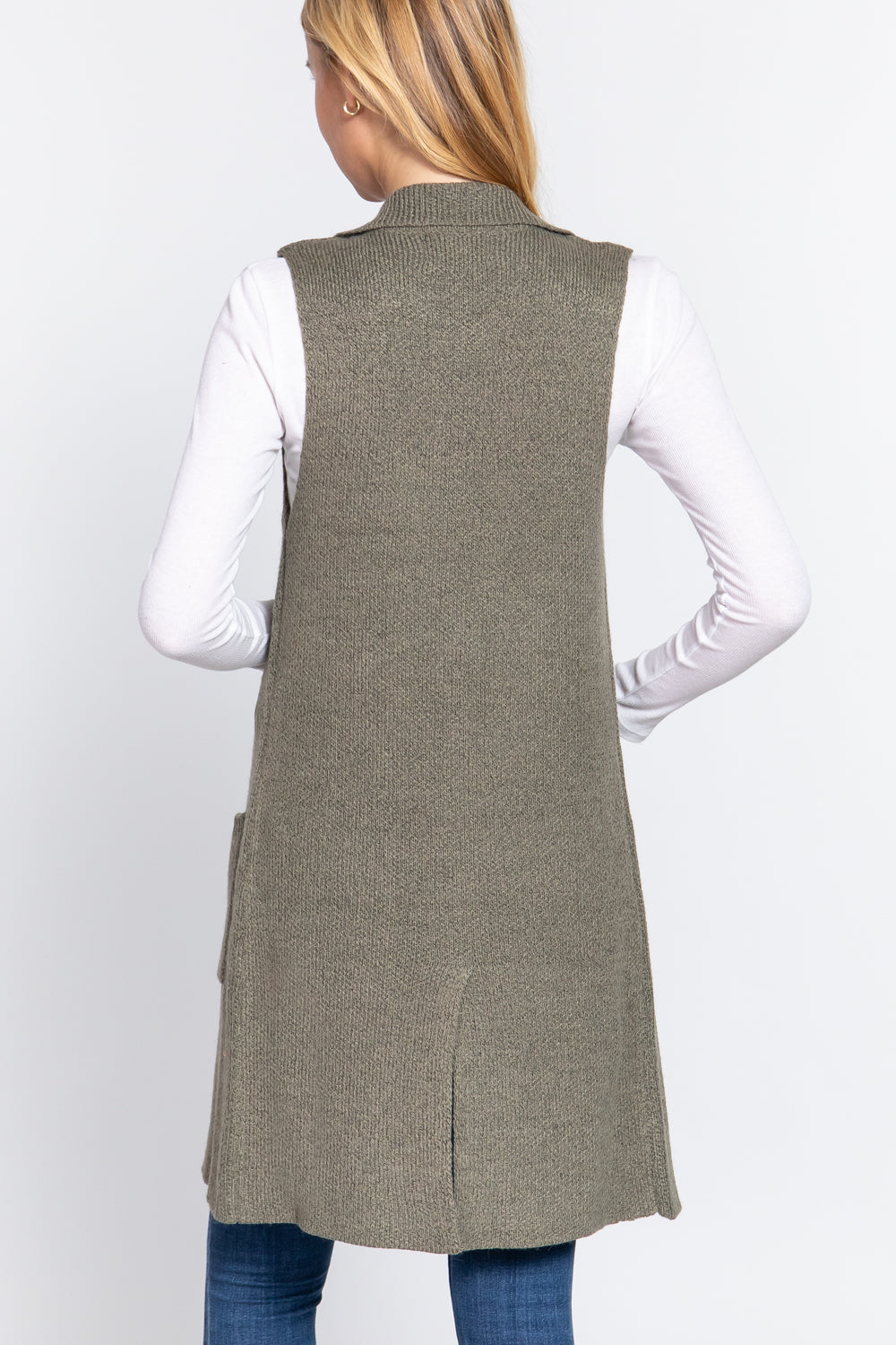Women's Sleeveless Long Sweater Vest Notched Collar With Side Pocket