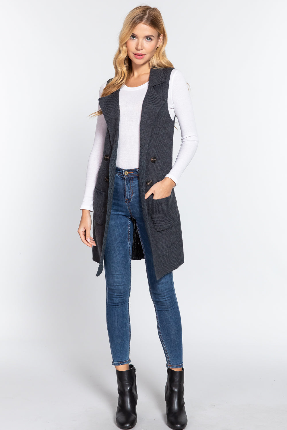 Women's Sleeveless Long Sweater Vest Notched Collar With Side Pocket