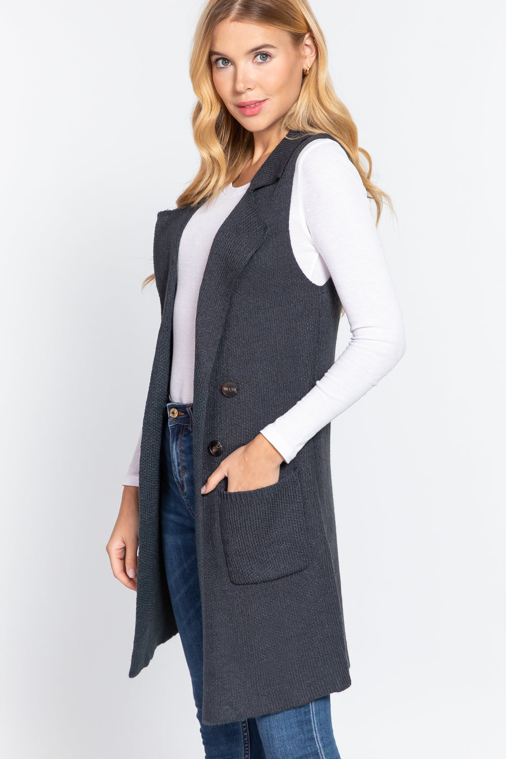 Women's Sleeveless Long Sweater Vest Notched Collar With Side Pocket