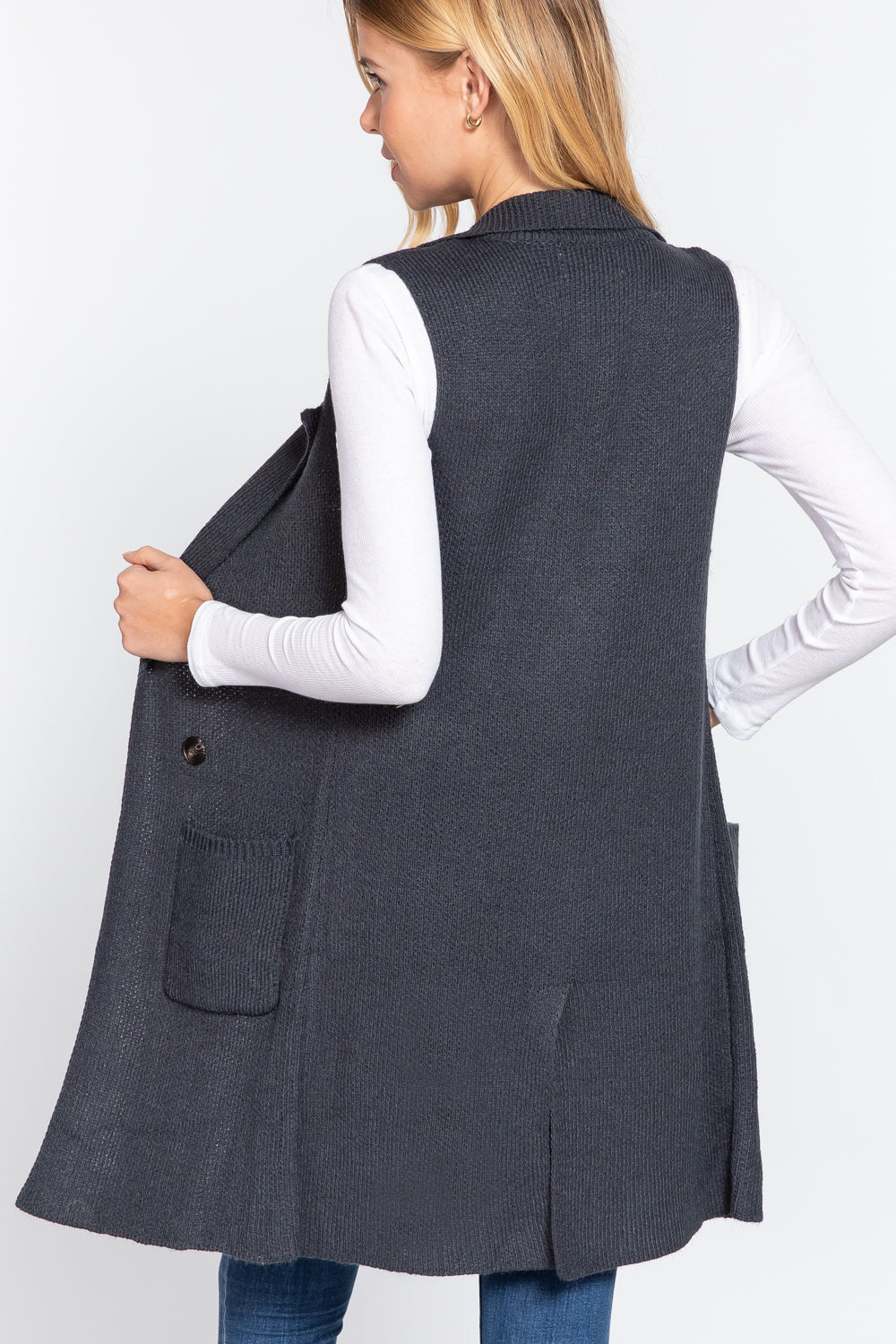 Women's Sleeveless Long Sweater Vest Notched Collar With Side Pocket
