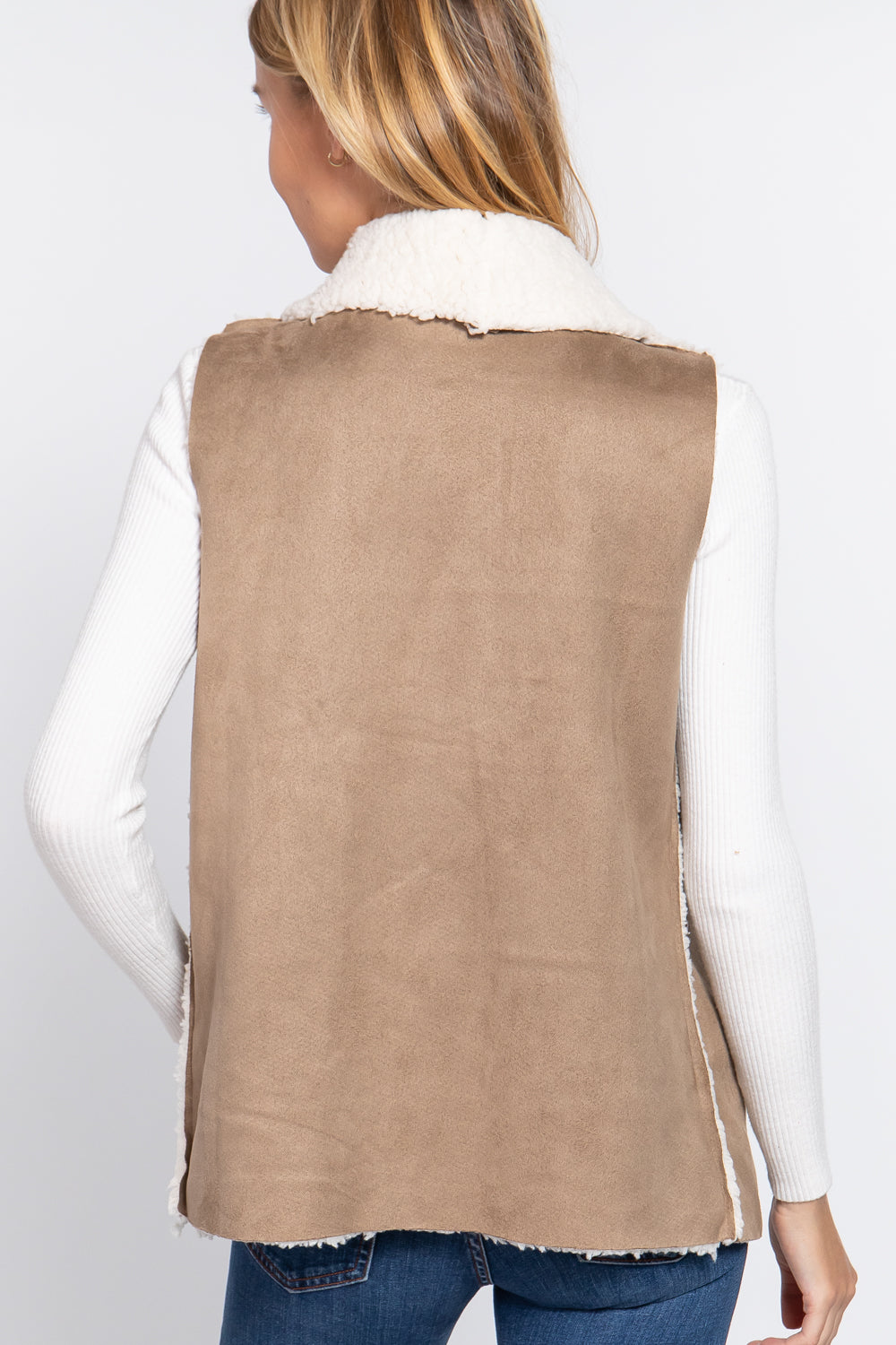 Women's Shawl Collar Raw Edge Faux Suede Fur Bonded Vest (Taupe)