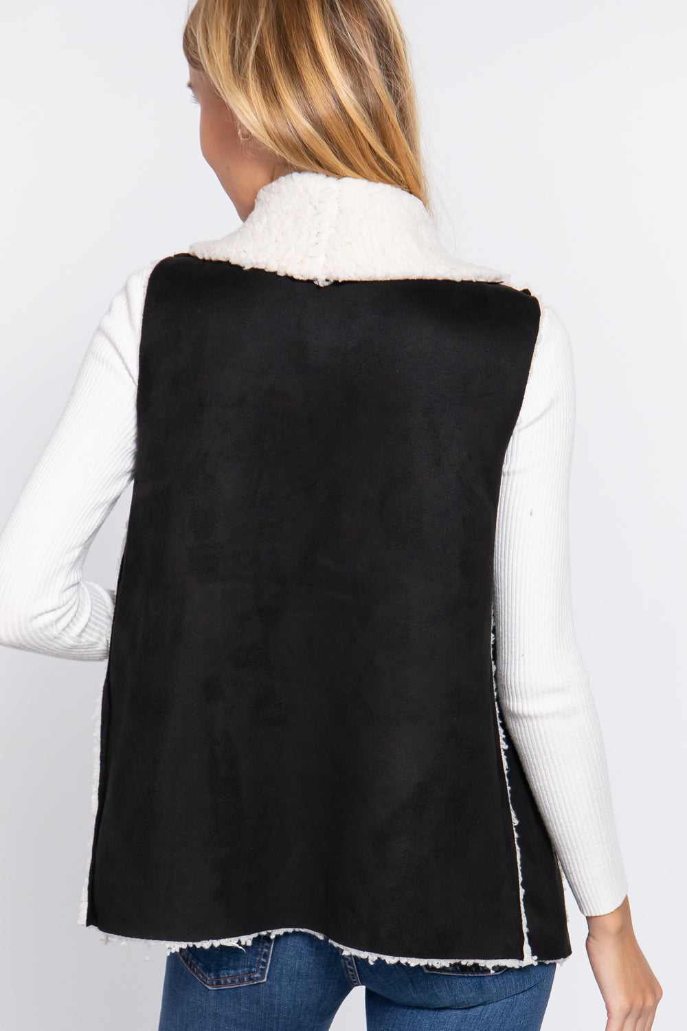 Women's Shawl Collar Raw Edge Faux Suede Fur Bonded Vest (Black)