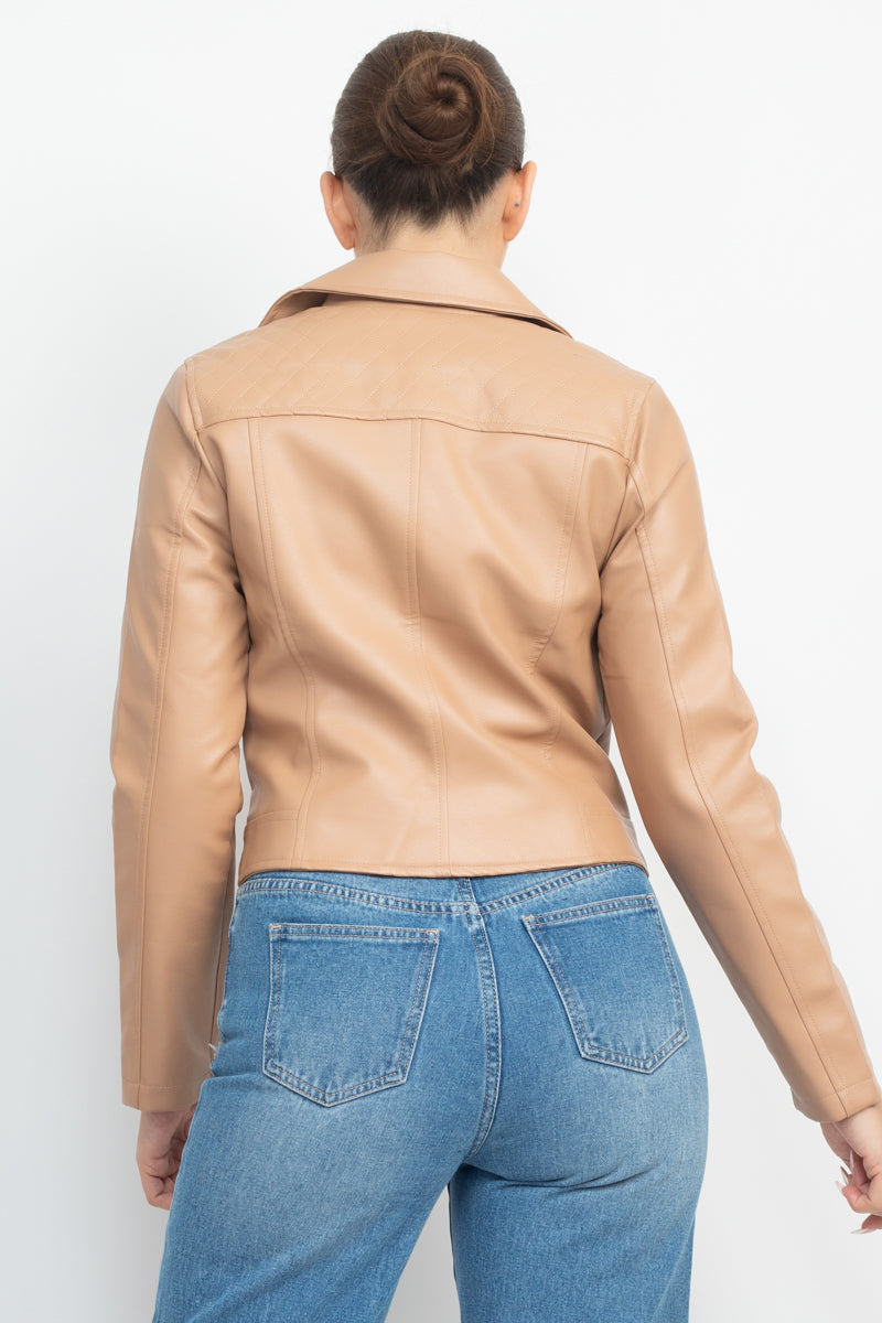 Women's Faux Leather Zippered Notch Lapel Coat Rider Moto Jacket - Taupe