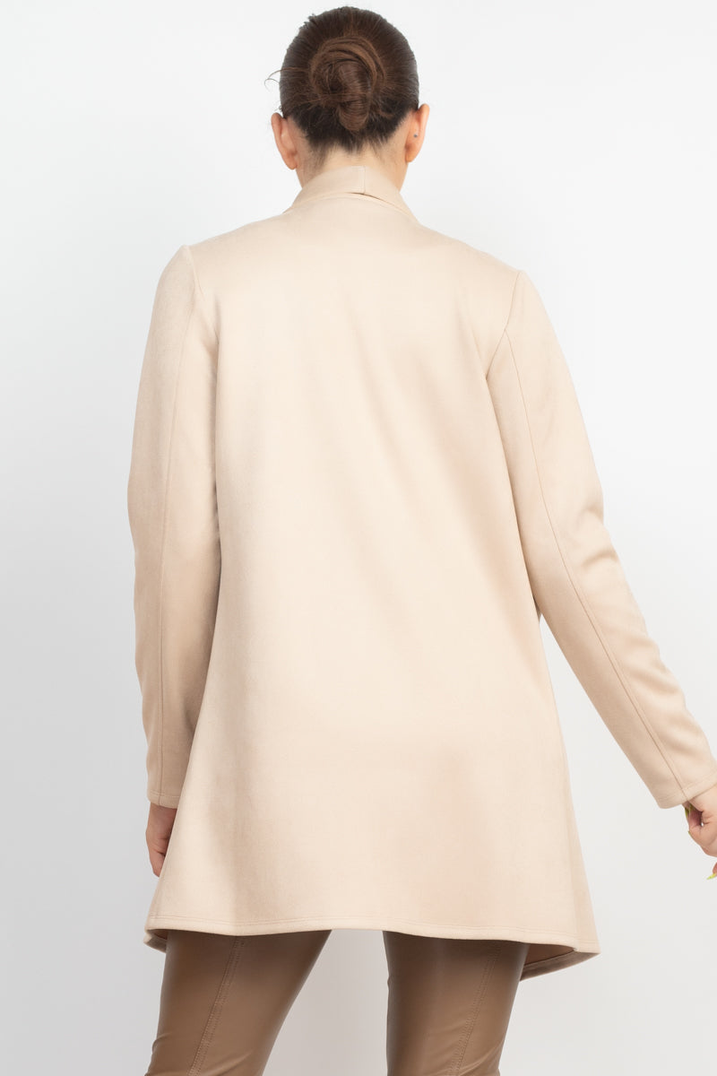 Women Open Front Faux Suede Jacket Notch Collar Long Sleeves Blazer - Deep Cream