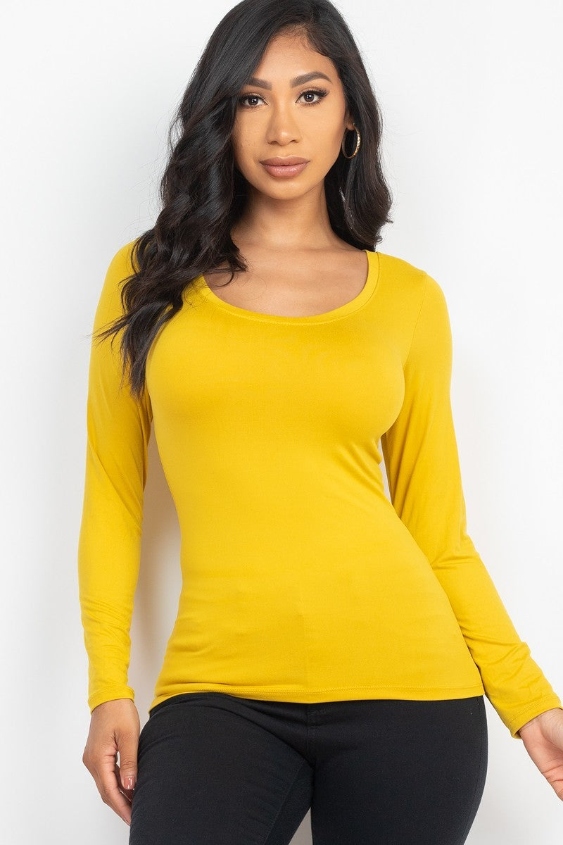 Women's Scoop Neck Solid Long Sleeve Tee Soft T-Shirt Top - Mustard Yellow