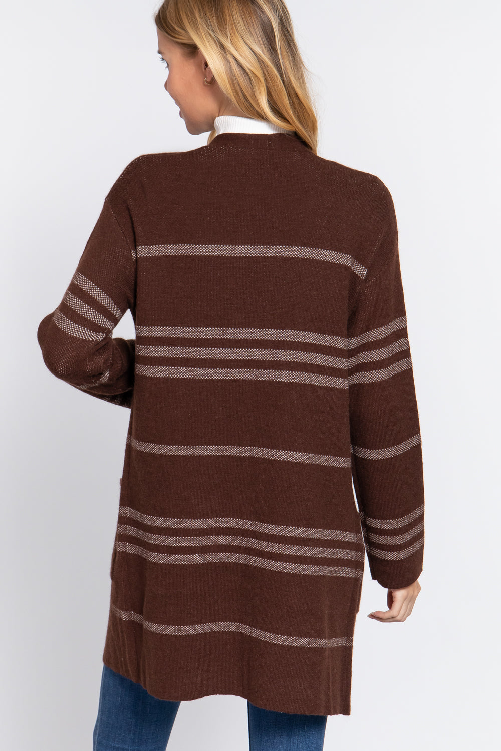 Women's Dolman Long Sleeve Stripe Open Sweater Slouchy Cardigan Pockets - Brown