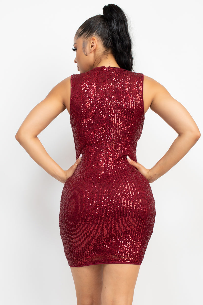 Women's Sequin Mesh V-neck Sleeveless Back Zipper Bodycon Mini Dress - Burgundy