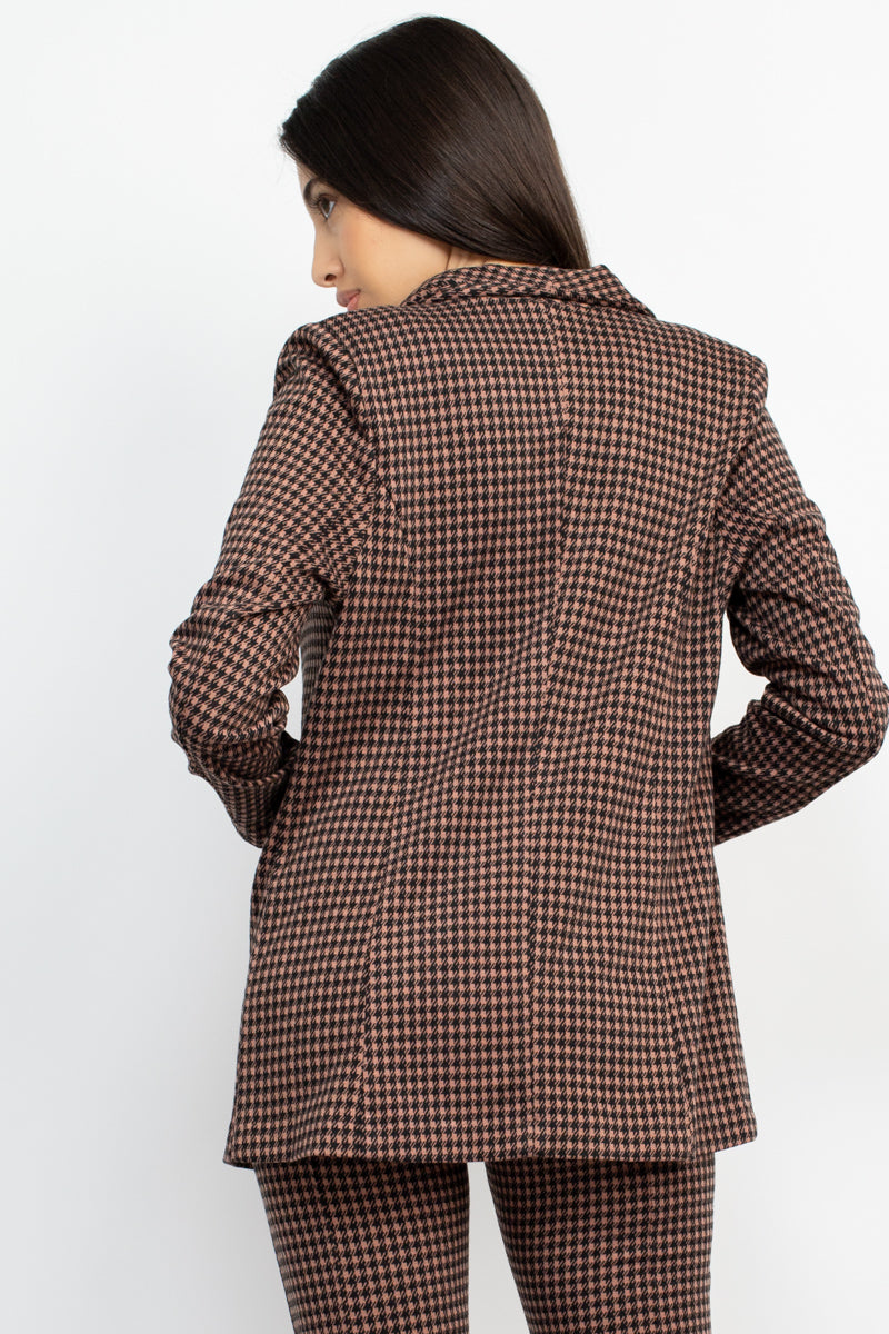 Women's Houndstooth Open Front Blazer Jacket Notch Seamed Long Sleeve Slim Coat