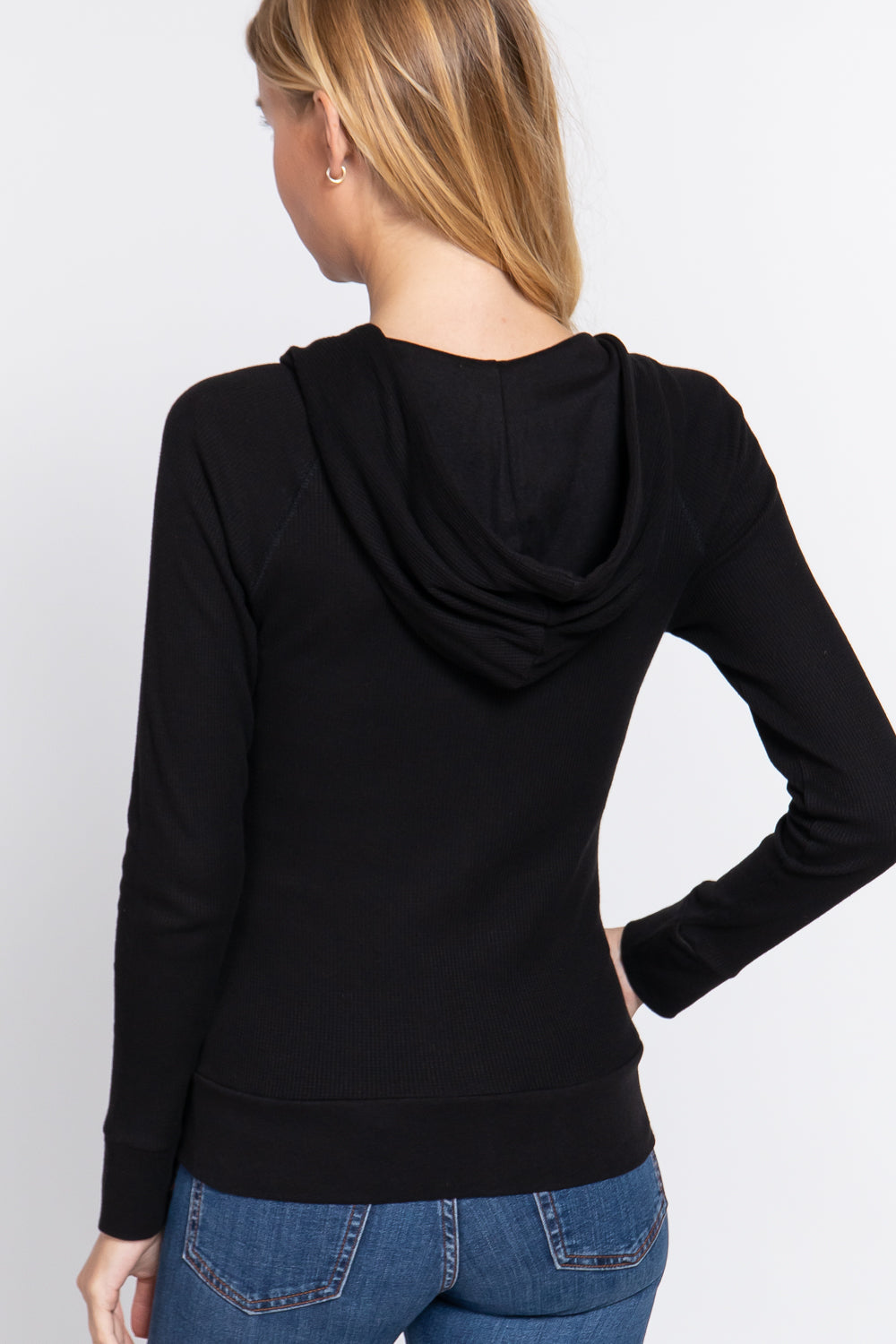 Women's Thermal Hoodie Sweatshirt Jacket Long Sleeve Full-Zip Pockets - Black