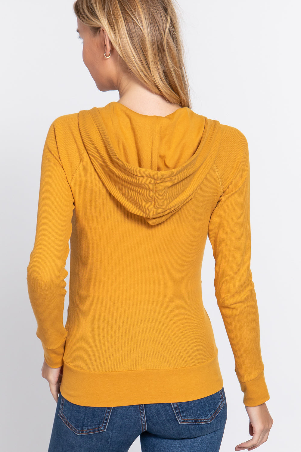 Women's Thermal Hoodie Sweatshirt Jacket Long Sleeve Full-Zip Pockets - Mustard